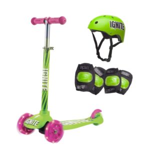 Ignite Glide Scooter 3 Wheel Combo Pack Green with Helmet & LED Light-Up Wheels for Kids