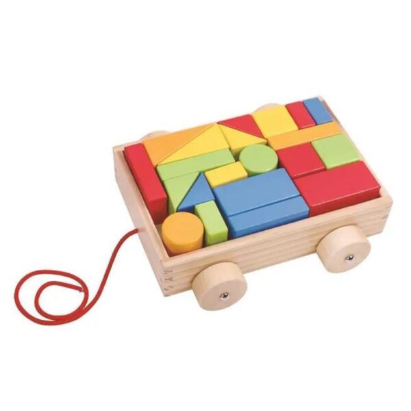 Pull Along Wooden Cart with 21 Blocks – Early Development Pull Toy for Toddlers - Image 2