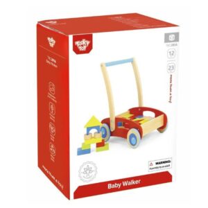 Push Along Baby Walker with 23 Block Pieces in Red – Montessori Walking Aid & Block Storage